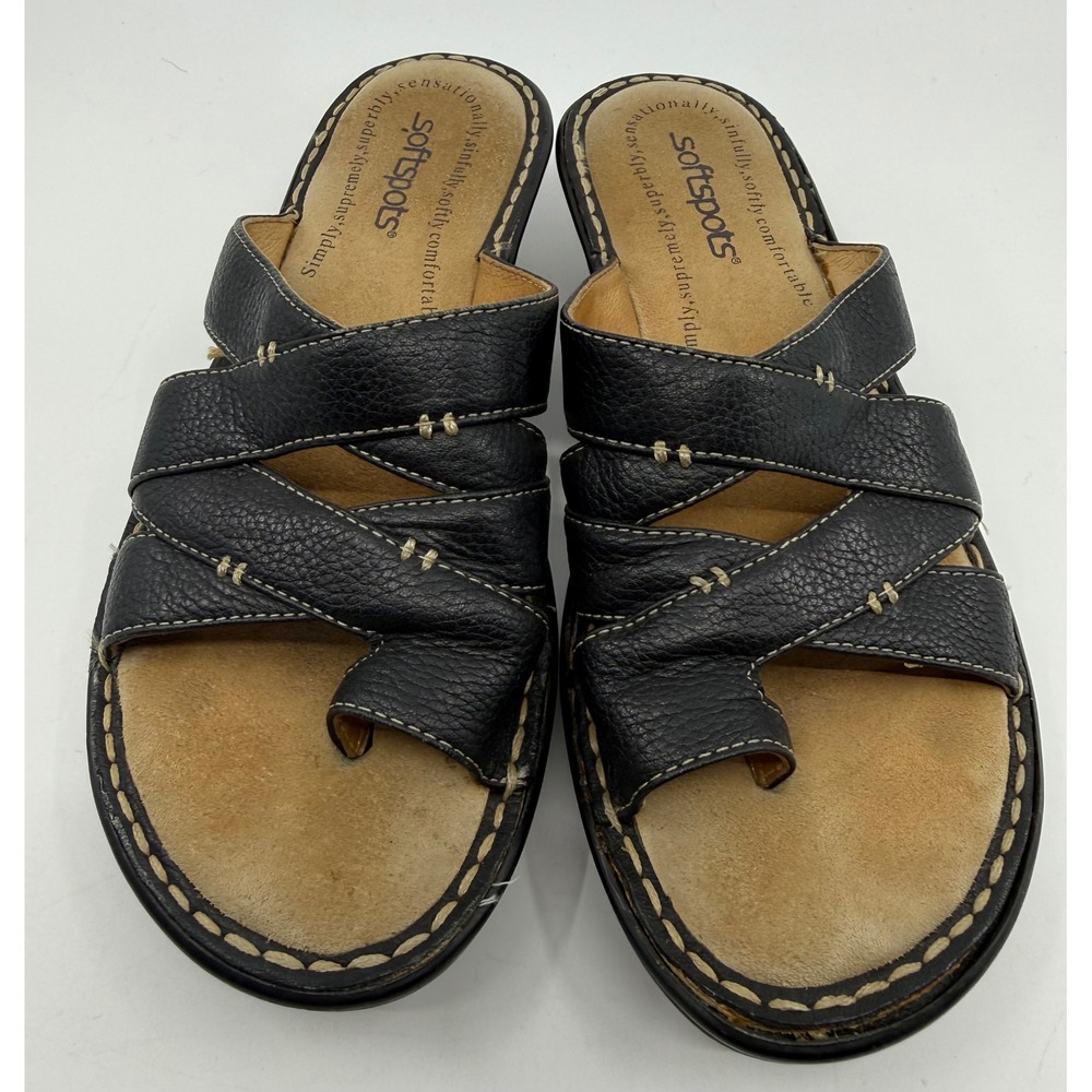 Softspots Womens Black Leather Strappy‎ Wedge Slide Sandals Toe Loop Size 6M
